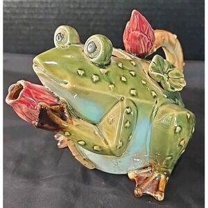 Majolica Frog with Lotus Flower Bud Glazed Ceramic Collectible‎ Teapot  NO LID